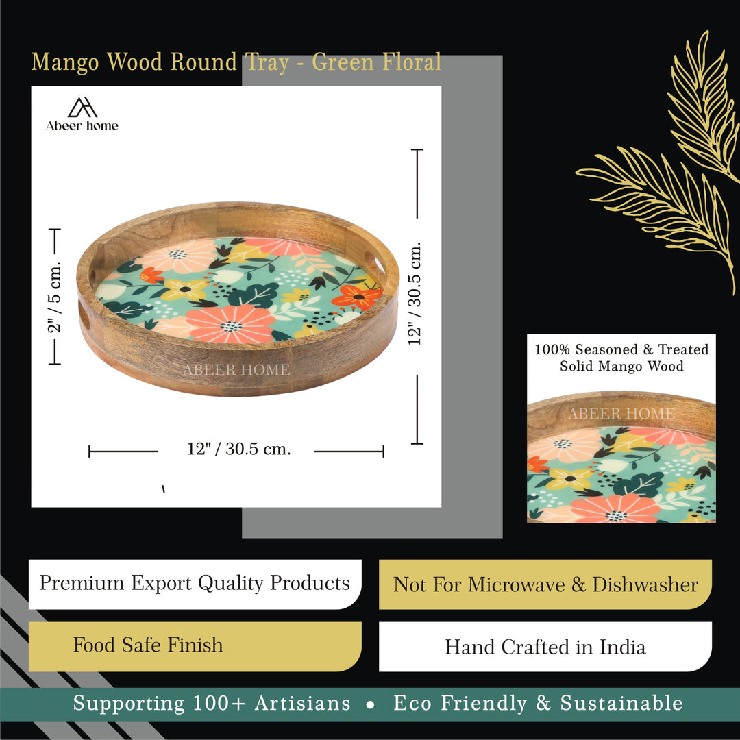 Mango Wood Round Tray -Green floral