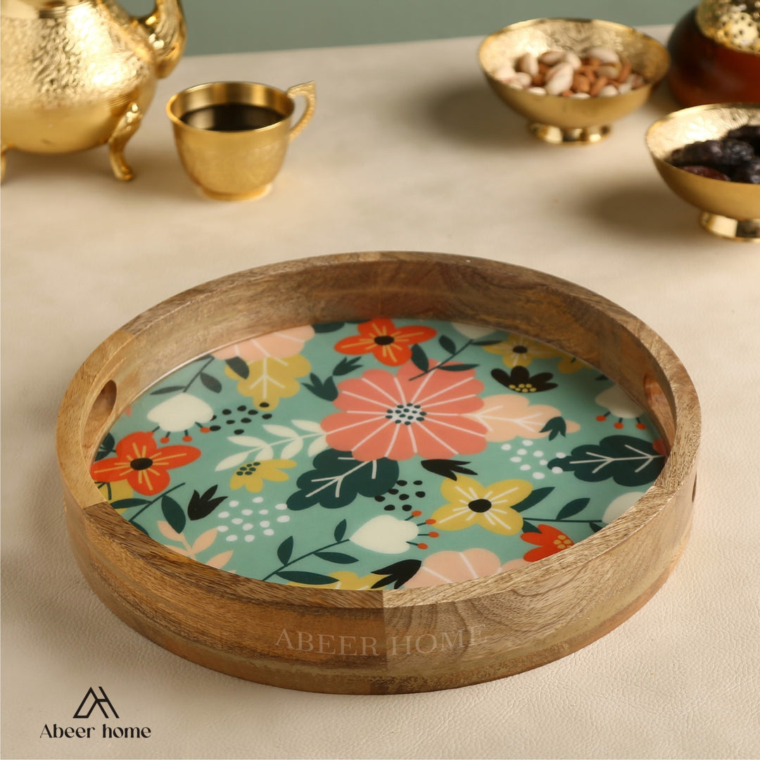 Mango Wood Round Tray -Green floral