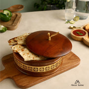 Handcrafted Premium Wooden Roti Casserole, Roti Box, Chapati Box, Hotpot roti Box with Gold Leaf Knob with Lid (9x9x4 Inch)